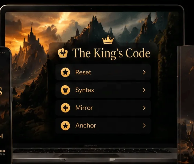 The King's Code app home screen with the four phase buttons: Reset, Syntax, Mirror and Anchor