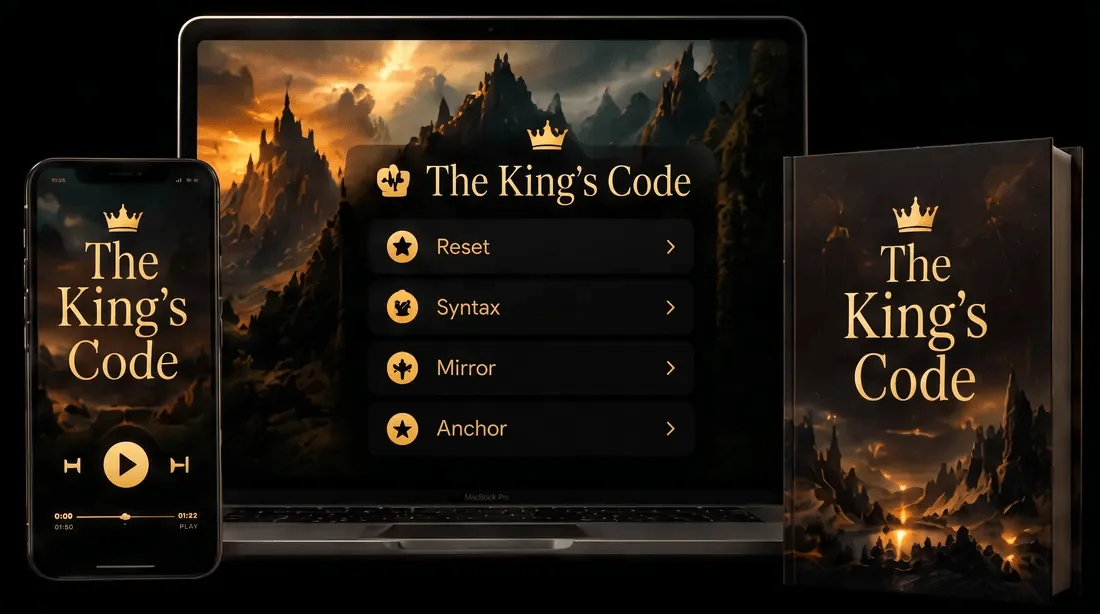 The King's Code app on a phone and laptop showing the four phases Reset, Syntax, Mirror and Anchor, next to the printed Code Journal